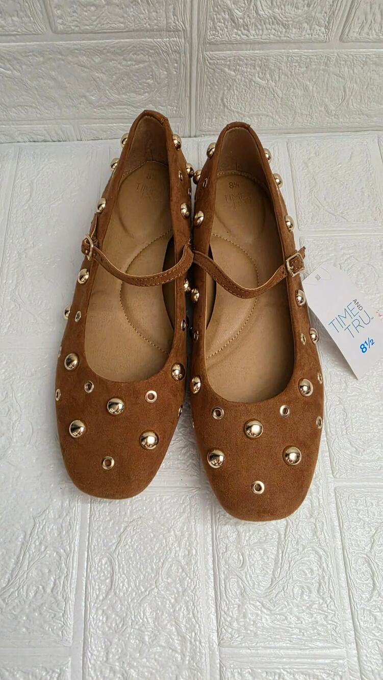 NWT Mary Jane Brown Suede Gold Studded Flats, Time and Tru Size 8,5